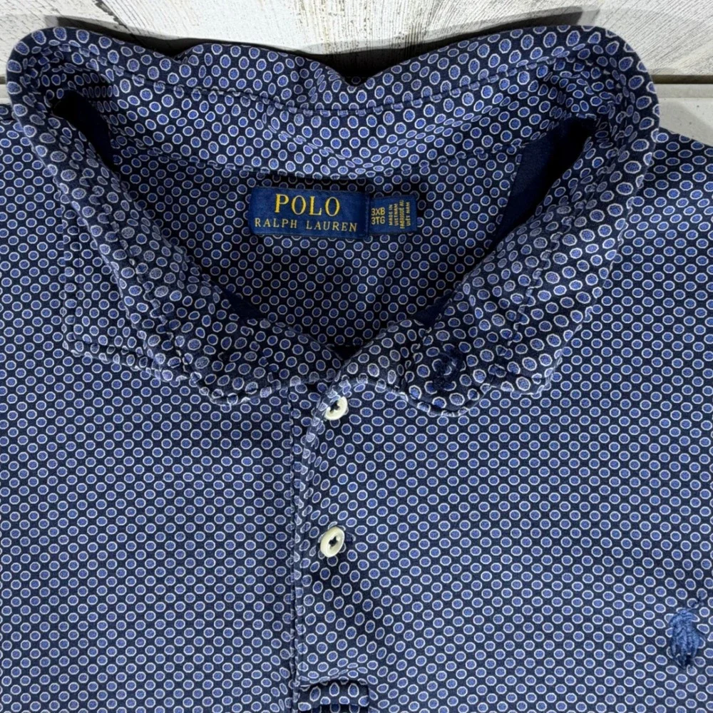 Polo Ralph Lauren Polo Shirt 3XB Blue Geometric Circle Print Cotton FLAW READ